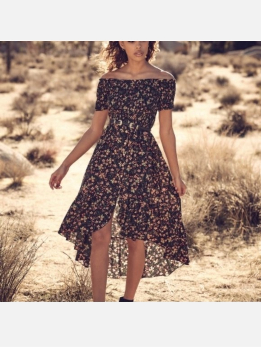 NWT Apricot Brand Black Floral Smocked Off-Shoulder Hi-Low Dress Size Small